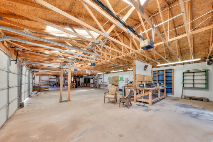 Garage with many workbench areas