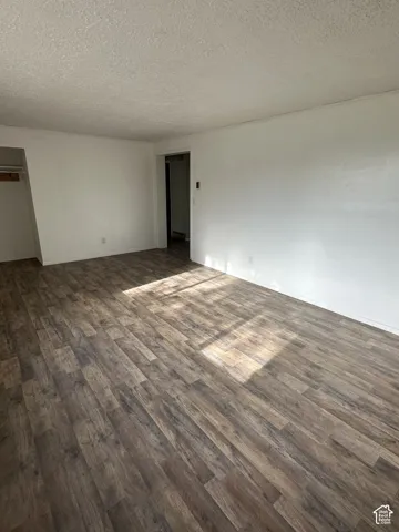 Spacious room featuring wood-finish flooring, light-colored walls, and a textured ceiling