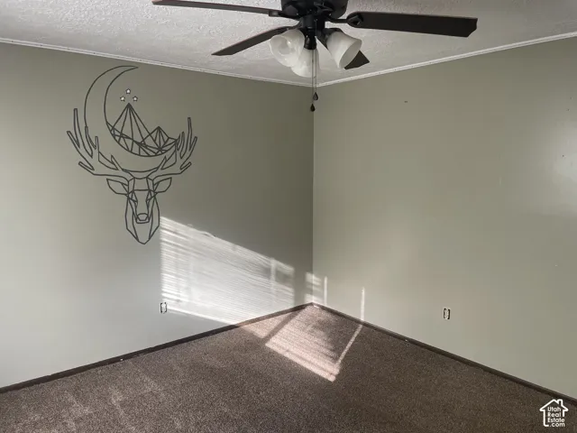 Bedroom 2, Carpeted spare room featuring a textured ceiling, ceiling fan, and crown molding