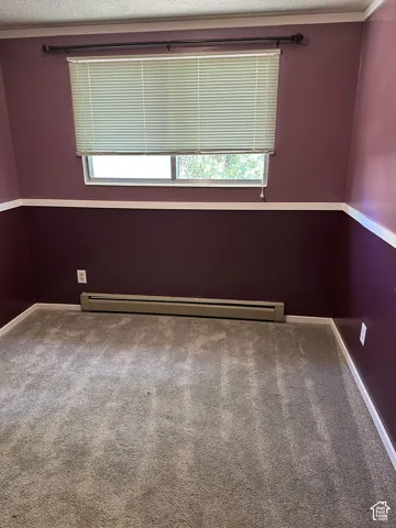 Carpeted flooring, horizontal window blinds, and baseboard heating