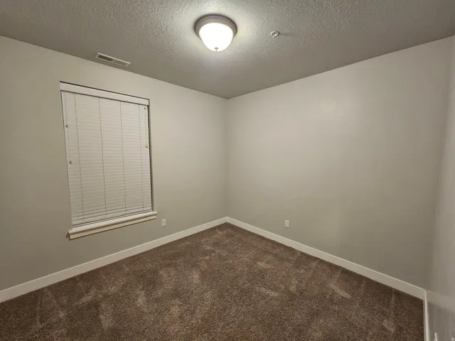Empty room with dark colored carpet and a textured ceiling