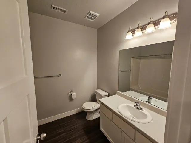 Full bath with vanity, dark wood-type flooring, and a textured ceiling