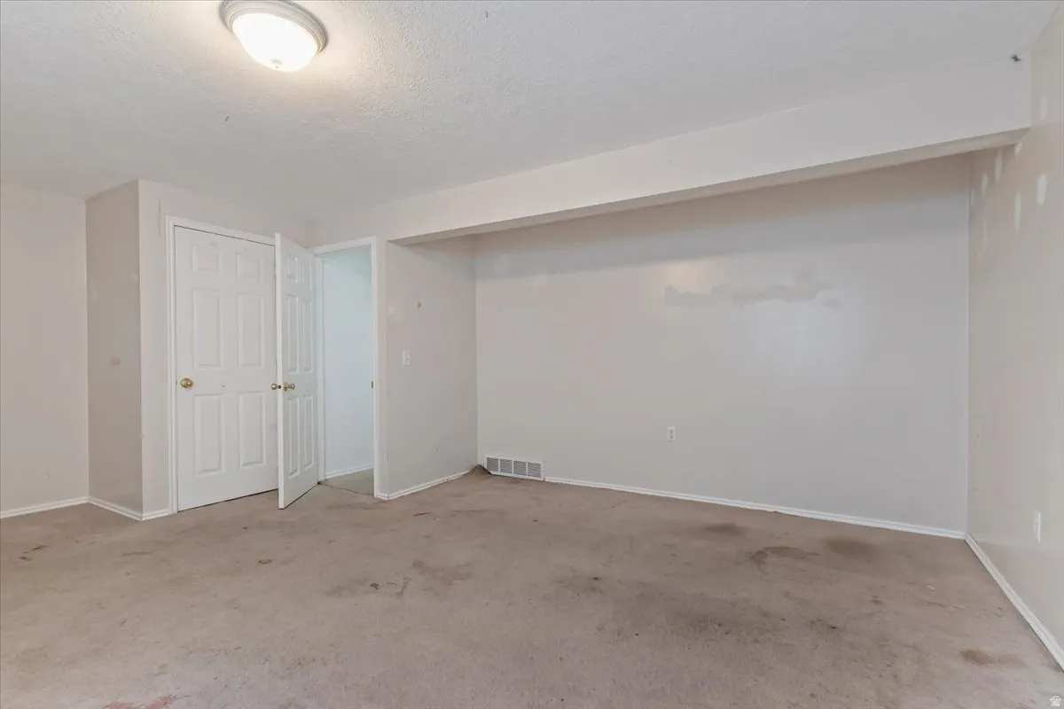 Finished basement featuring light carpet and a textured ceiling