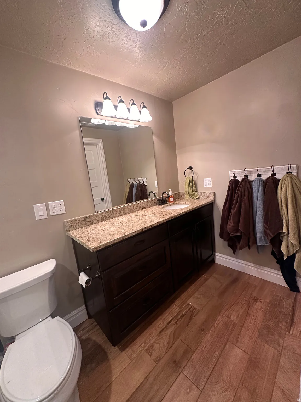 Bathroom featuring dark wood-style floors, vanity, and a textured ceiling