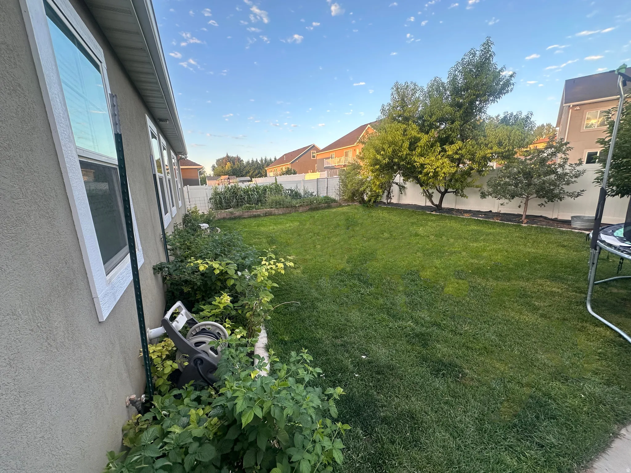 Fenced backyard featuring a trampoline
