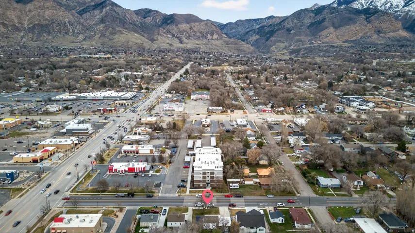 Aerial overview of property's location with mountains