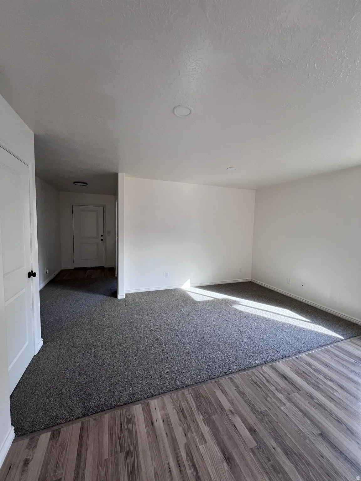 Spare room with dark wood-type flooring, a textured ceiling, and dark colored carpet