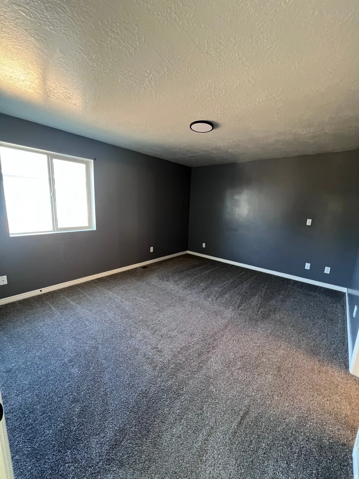 Empty room with carpet flooring and a textured ceiling