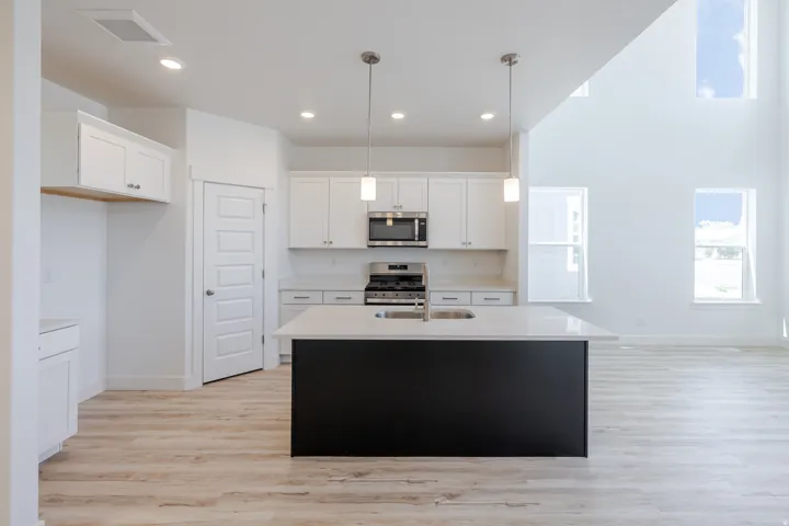 Modern kitchen with white cabinetry and stainless steel appliances