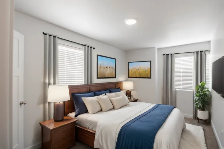 Carpeted bedroom with baseboards