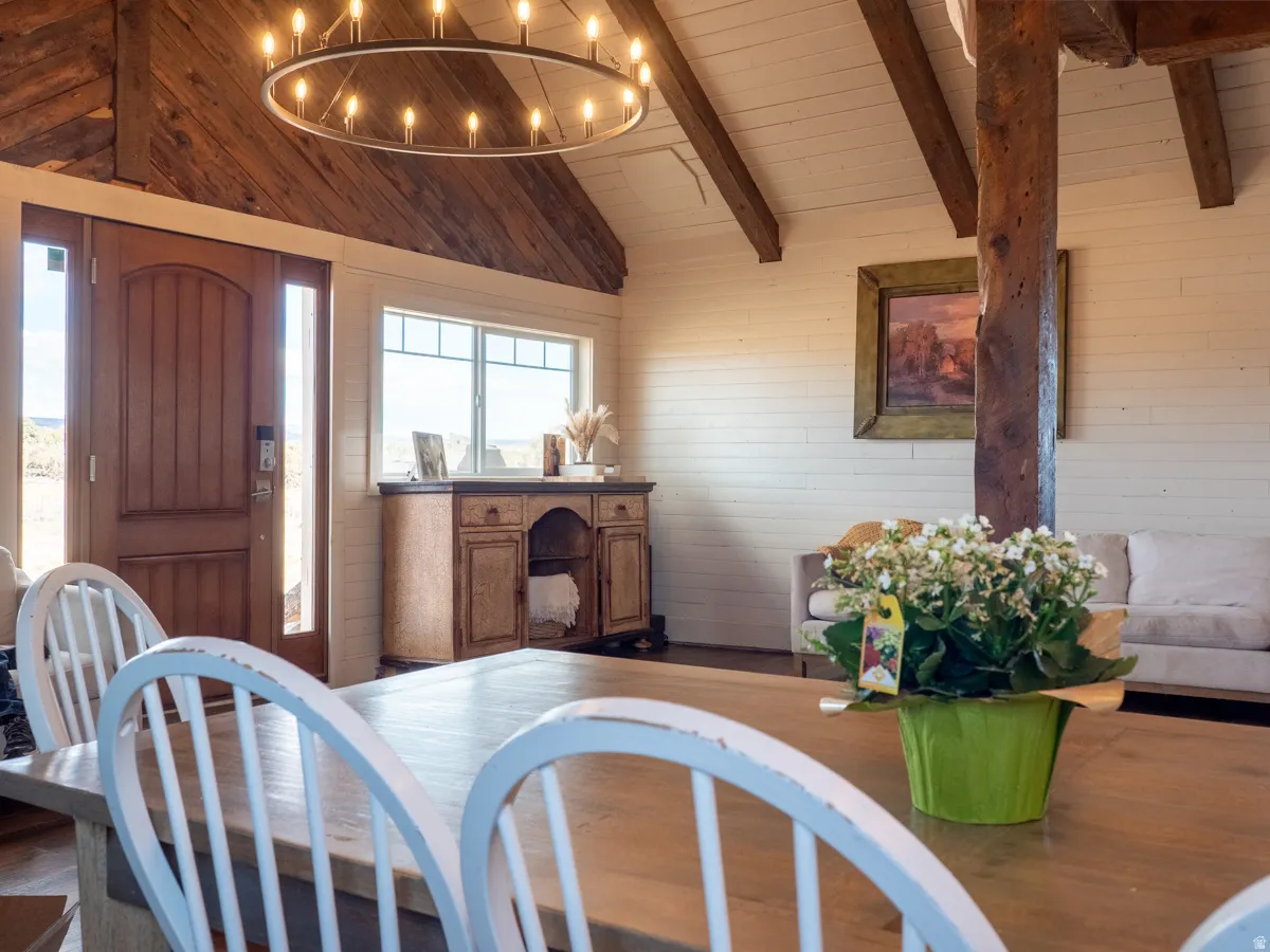 Dining area with wooden walls, wood finished floors, lofted ceiling with beams, and wooden ceiling