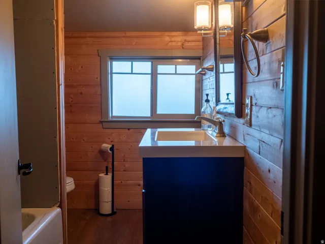 Bathroom featuring vanity, wooden walls, dark wood-style floors, and a bath