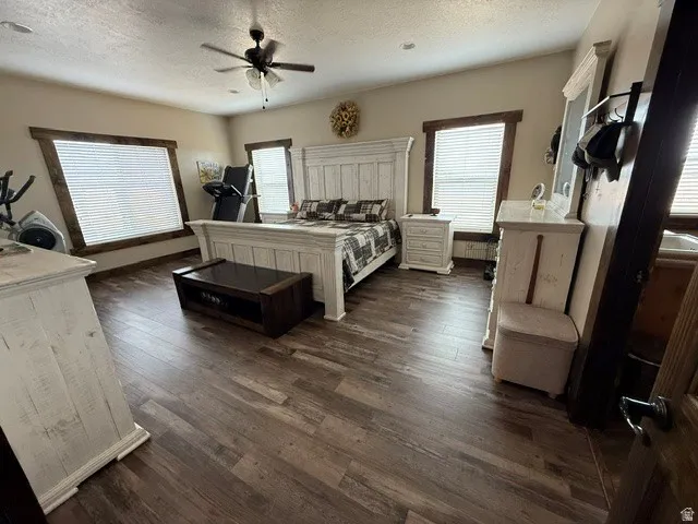 Bedroom with dark wood finished floors, a ceiling fan, and a textured ceiling