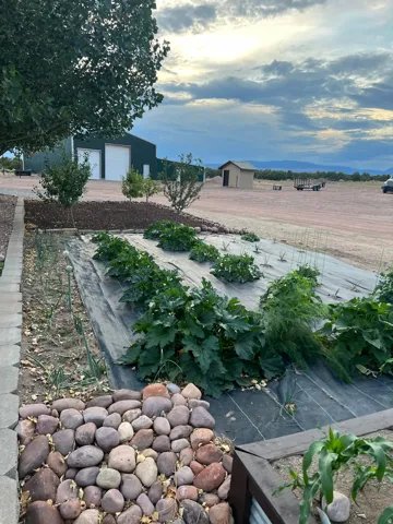 Garden beds featuring established plantings and weed barrier fabric, bordered by a decorative river rock path and concrete pavers