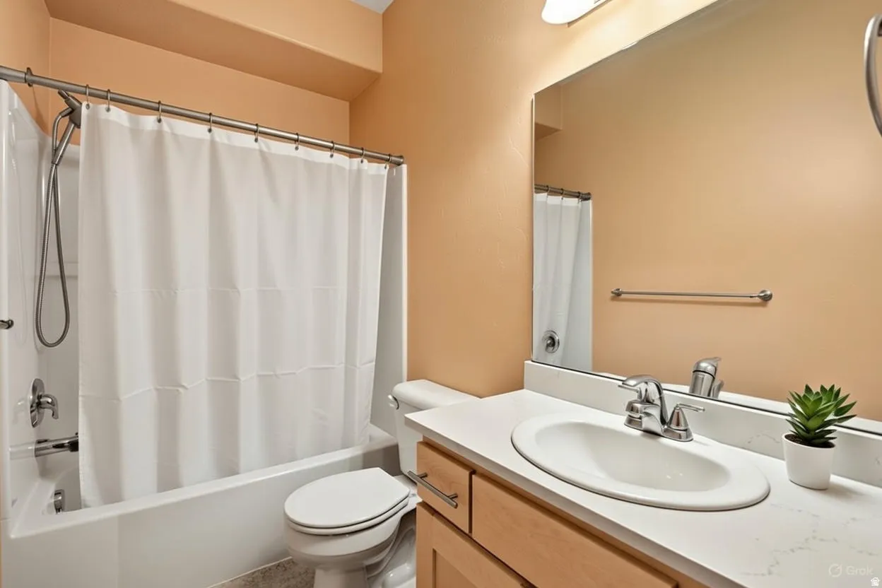 Full bath featuring vanity and shower / bath combo with shower curtain