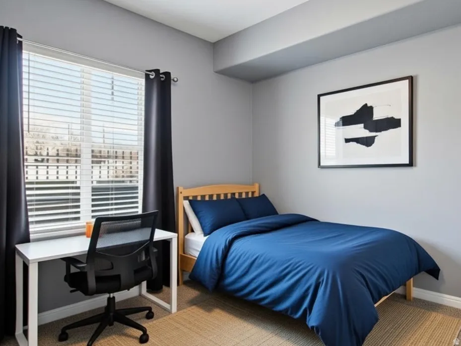 Bedroom with light carpet, an office area, and a ceiling fan