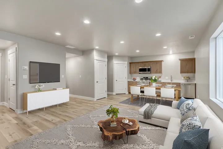 Living room featuring light wood-style floors and recessed lighting