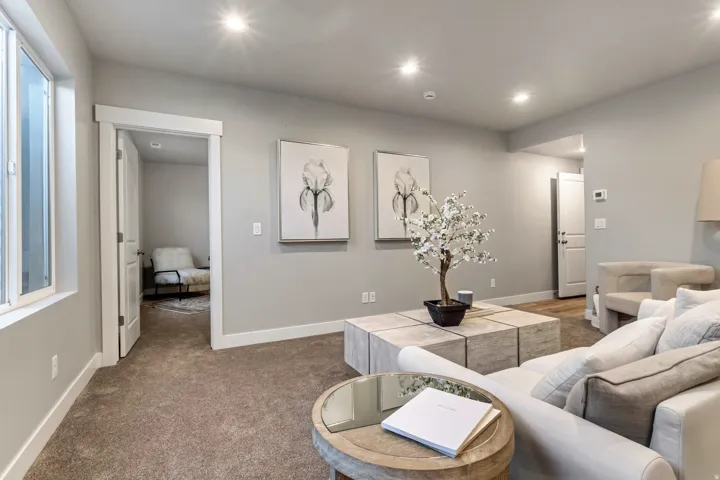 Living room featuring recessed lighting and carpet flooring