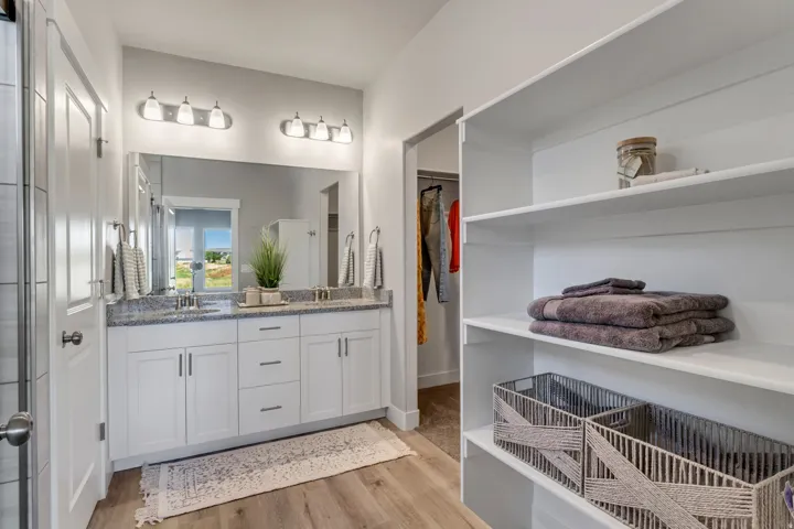 Bathroom with double vanity, light wood-style flooring, and a spacious closet