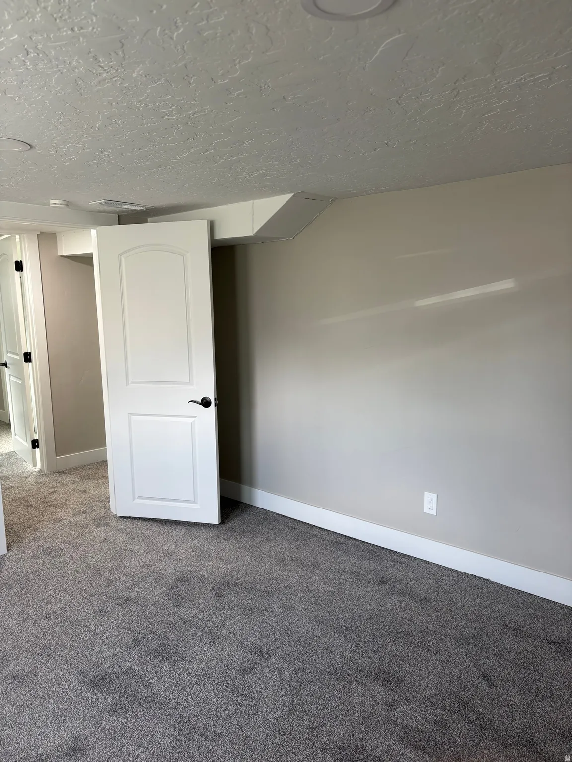 Unfurnished bedroom with carpet floors and a textured ceiling