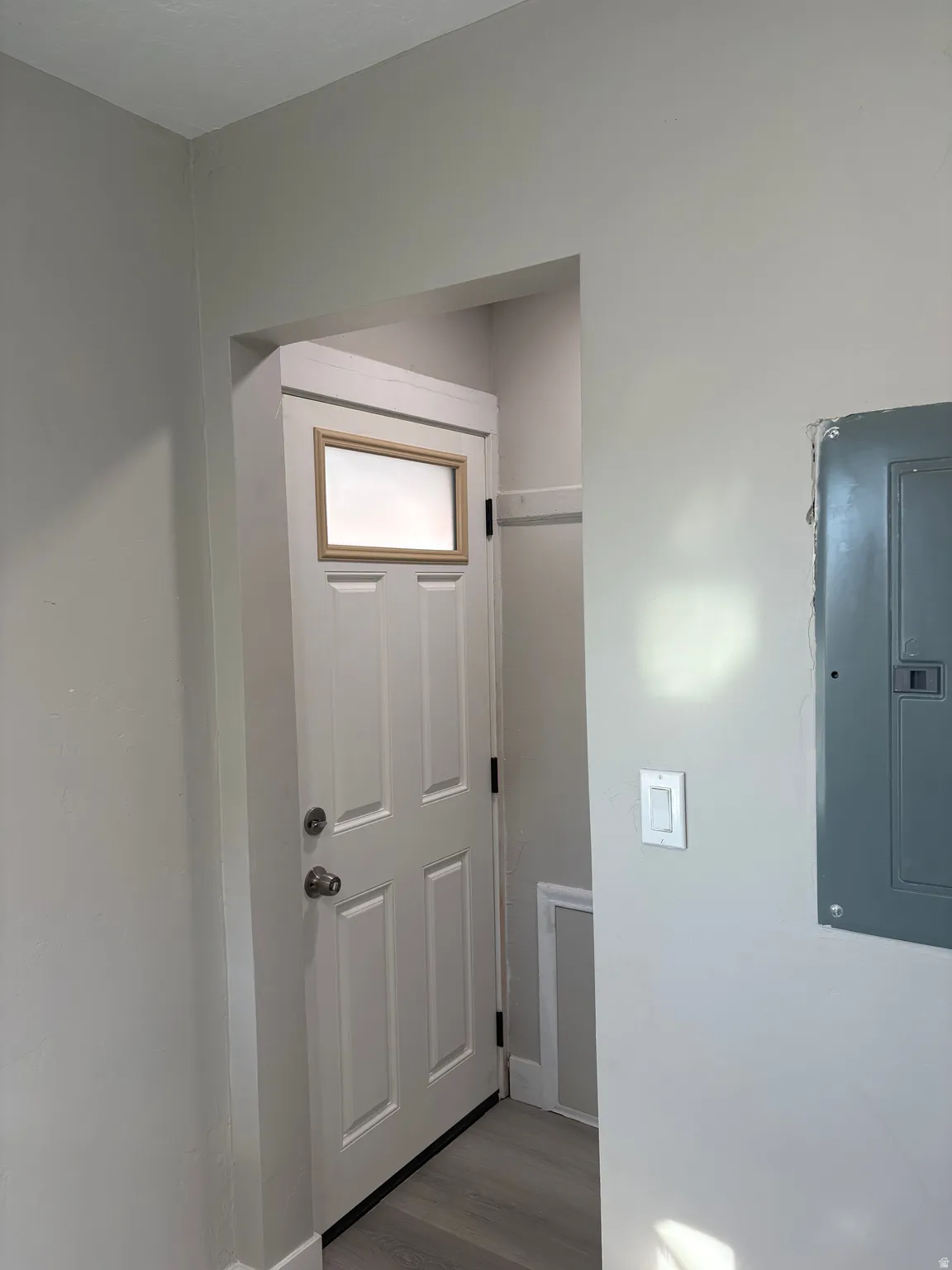 Foyer featuring electric panel and dark wood-style flooring