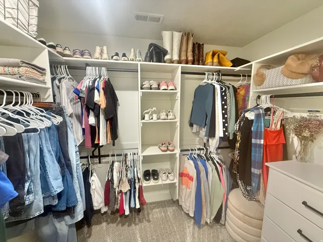 Walk in closet with light carpet