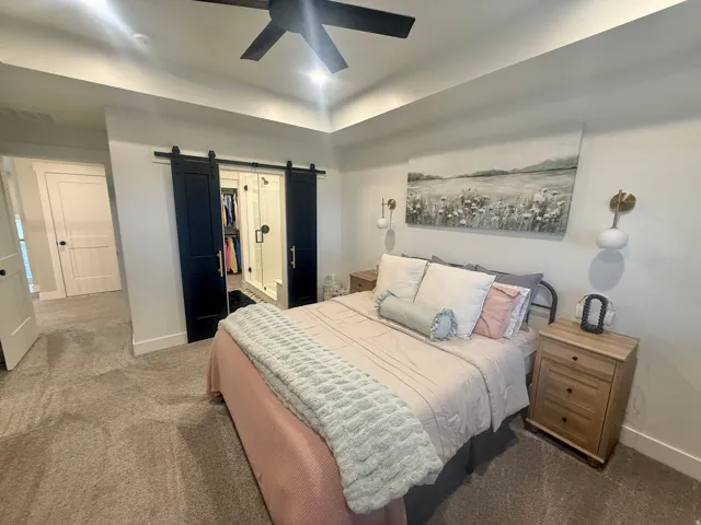 Bedroom featuring a barn door, a raised ceiling, dark colored carpet, a spacious closet, and a ceiling fan