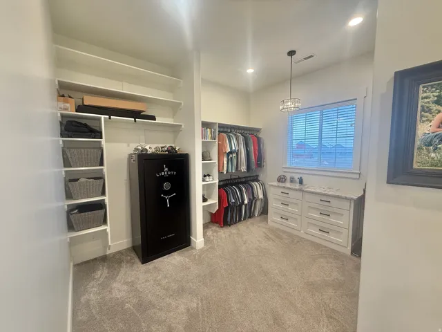 Walk in closet with light carpet