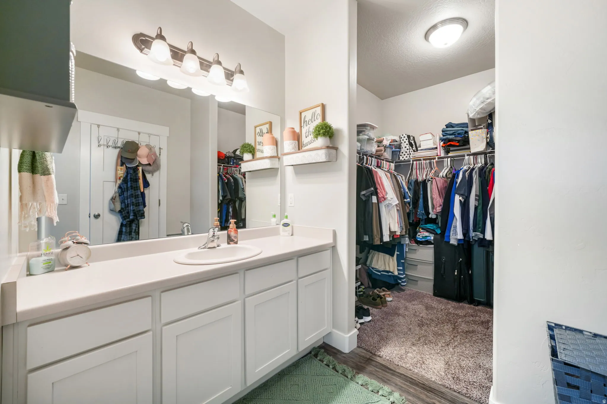 Bathroom featuring vanity, a spacious closet, and dark wood-type flooring