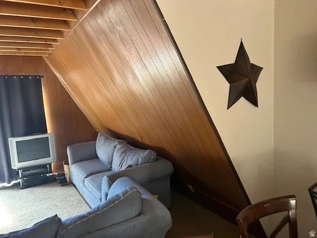 Living room with wooden walls and lofted ceiling