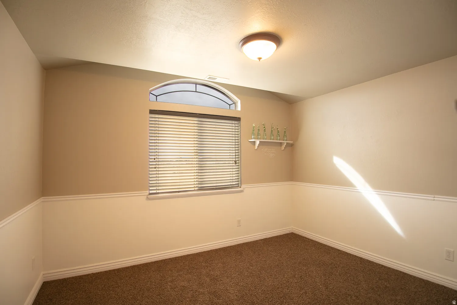 Empty room with dark carpet and vaulted ceiling