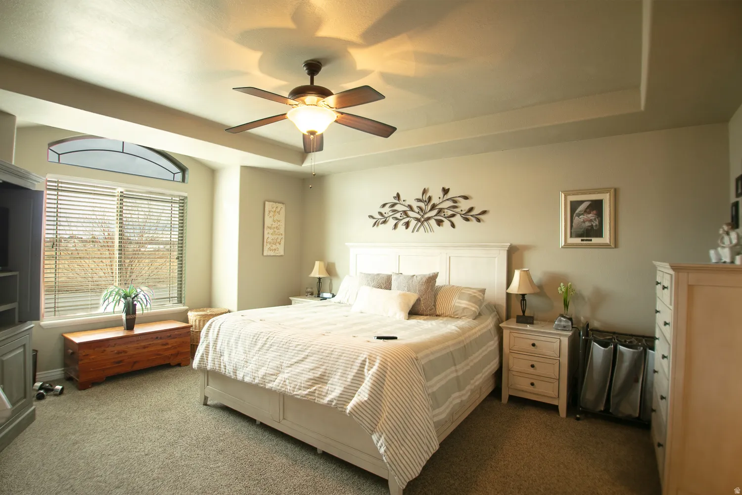 Carpeted bedroom with a raised ceiling and ceiling fan
