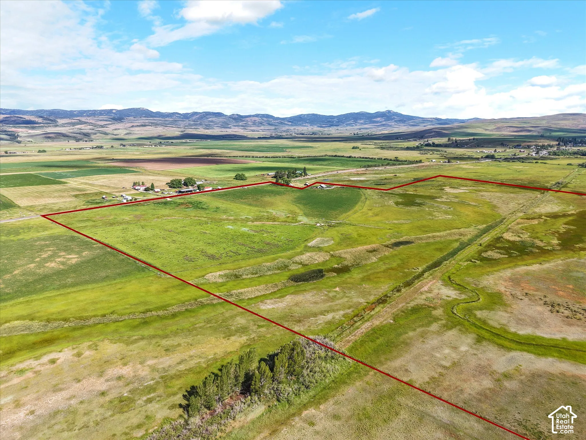 Expansive land parcel featuring open fields, distant mountain backdrop