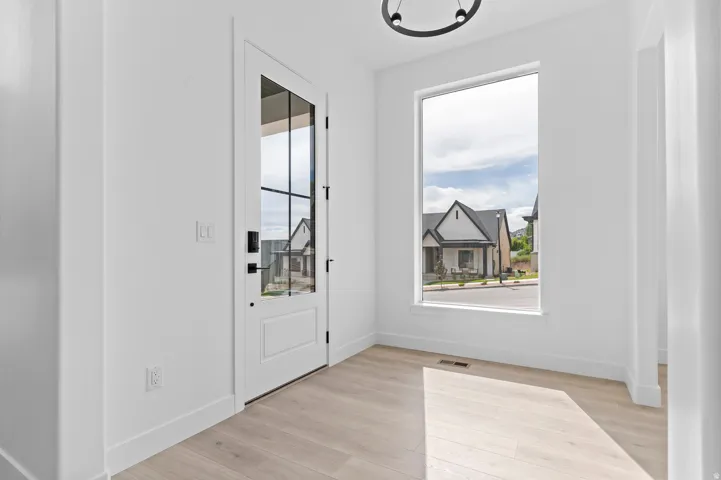 Bright entry space featuring a full-light panel door with black hardware, a large window, light wood-finish flooring, white walls, and a contemporary ceiling fixture