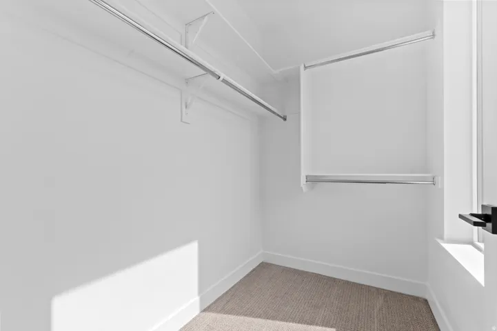 Spacious walk-in closet featuring light-toned carpet flooring, white walls, and built-in shelving with hanging rods