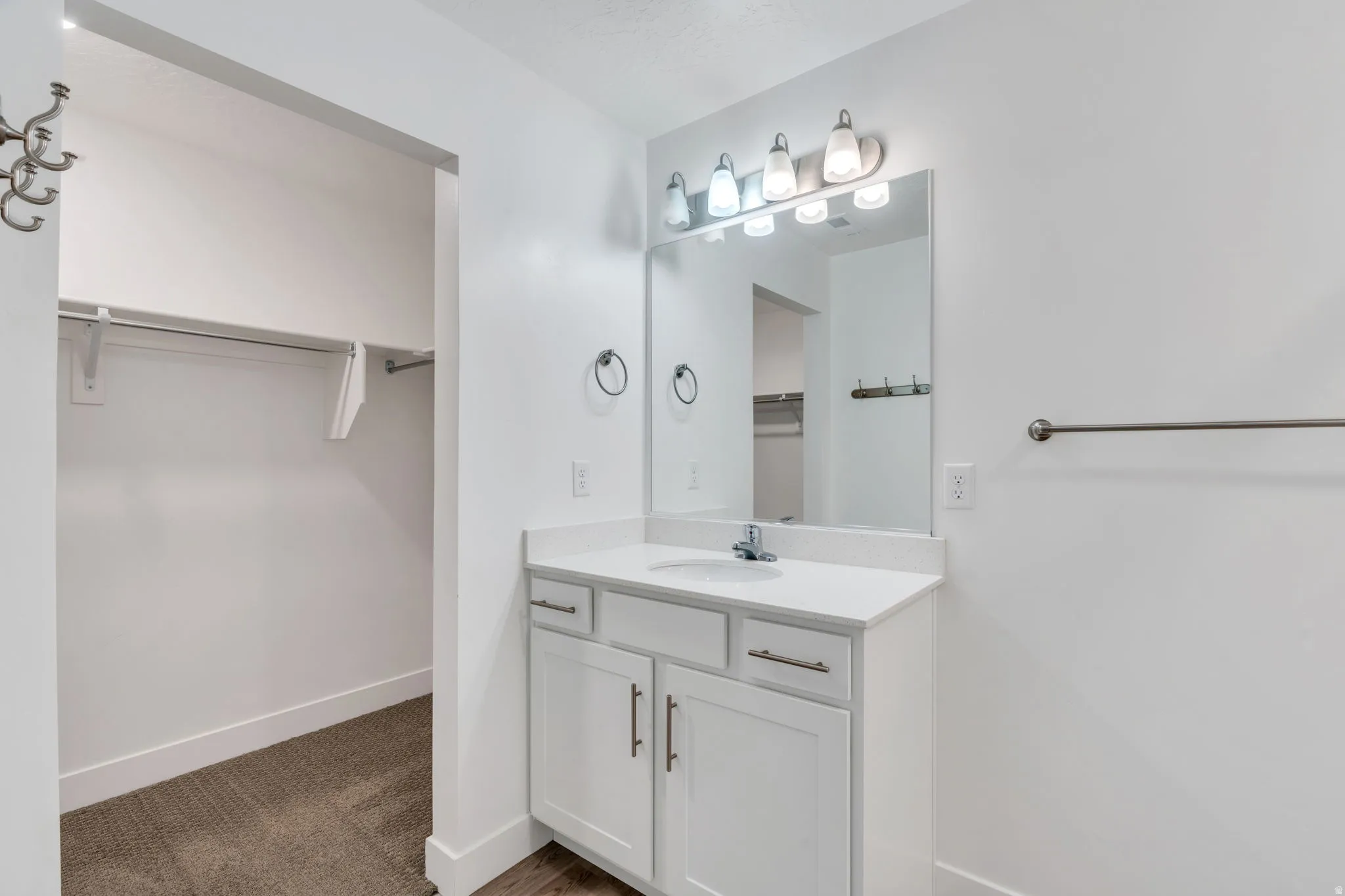 Bathroom featuring a spacious closet, vanity, and dark colored carpet