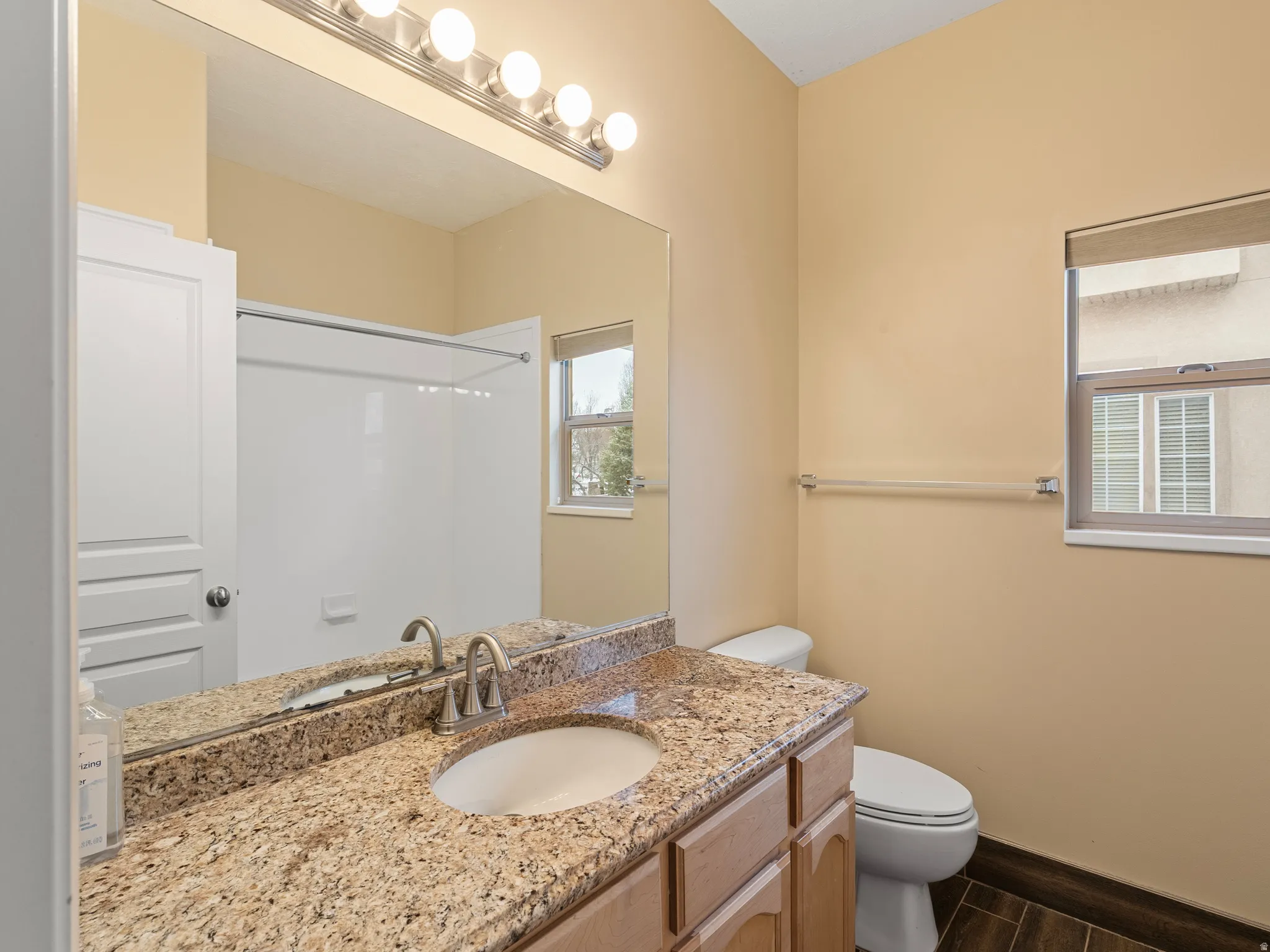 Bathroom featuring vanity, wood finish floors, and a shower