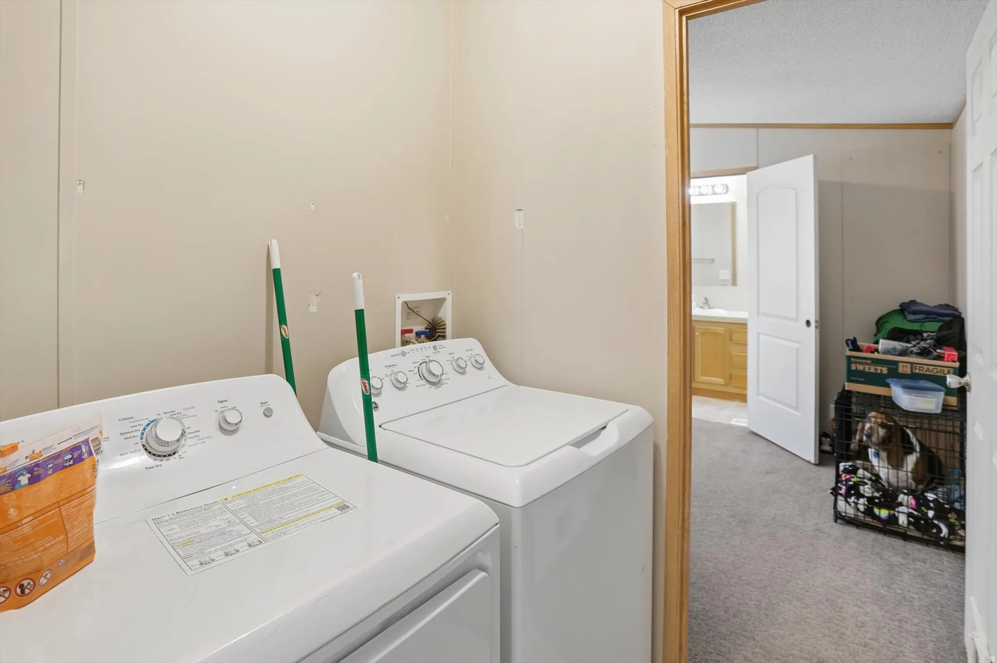 Laundry area with light colored carpet and washer and dryer