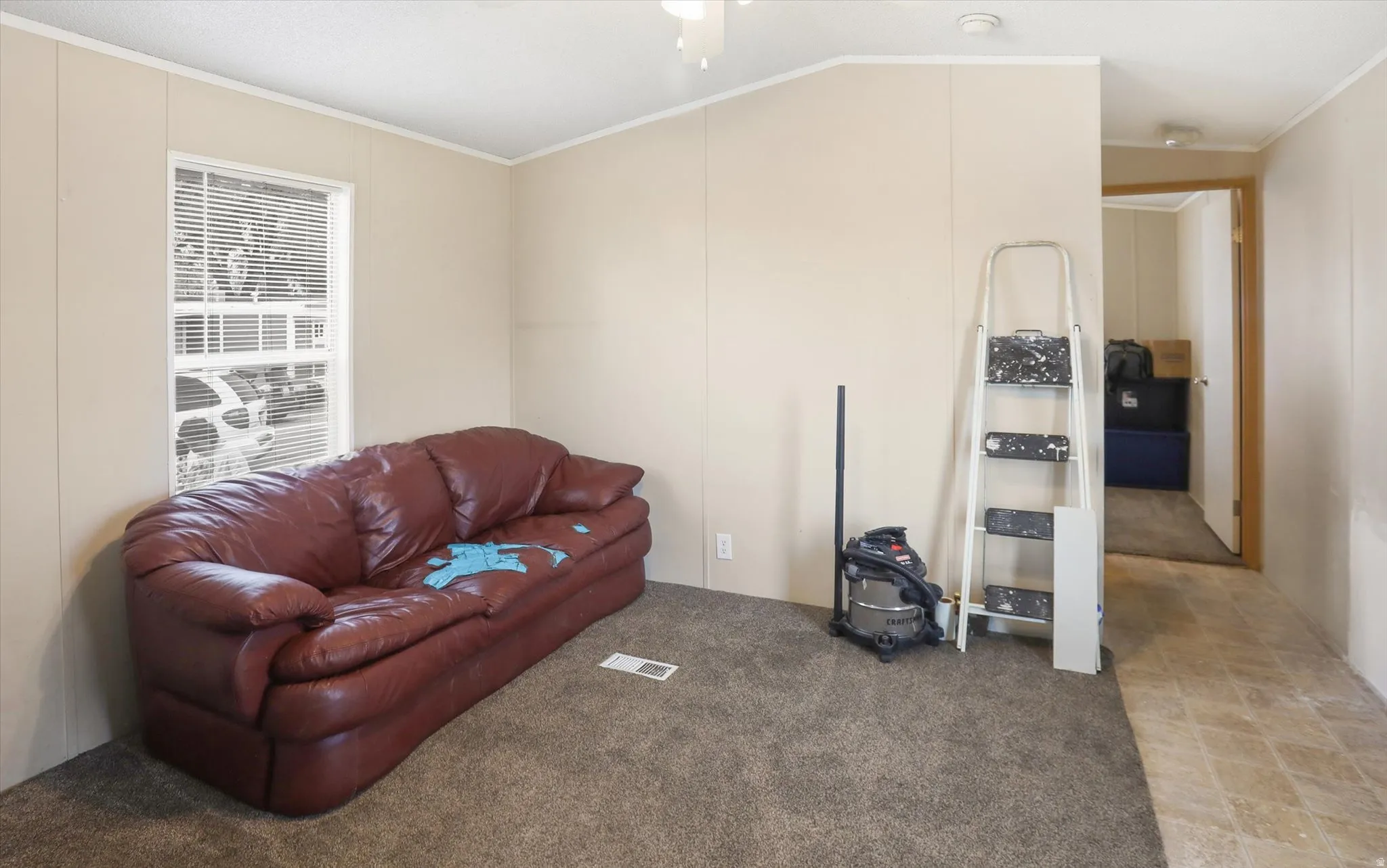 Living room featuring crown molding, light colored carpet, and ceiling fan