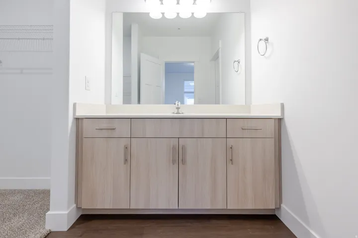 Modern vanity featuring light wood-finish cabinetry, a solid surface countertop, an undermount sink, and a large wall-mounted mirror