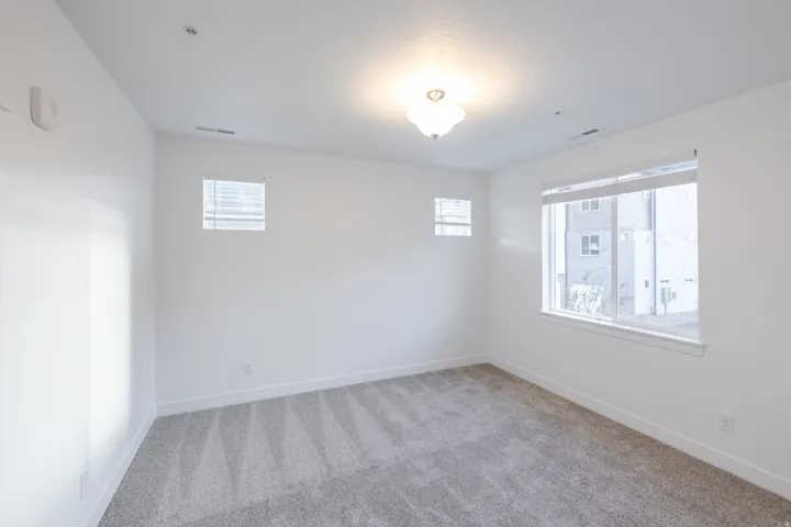 White painted walls, gray patterned carpet, multiple windows, and a ceiling-mounted light fixture