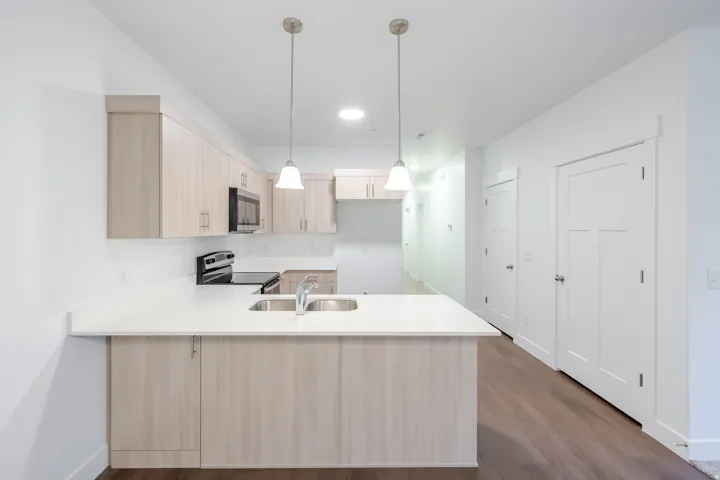 Kitchen featuring a large island with an integrated sink, light wood-finish cabinetry, stainless steel appliances, and pendant lighting