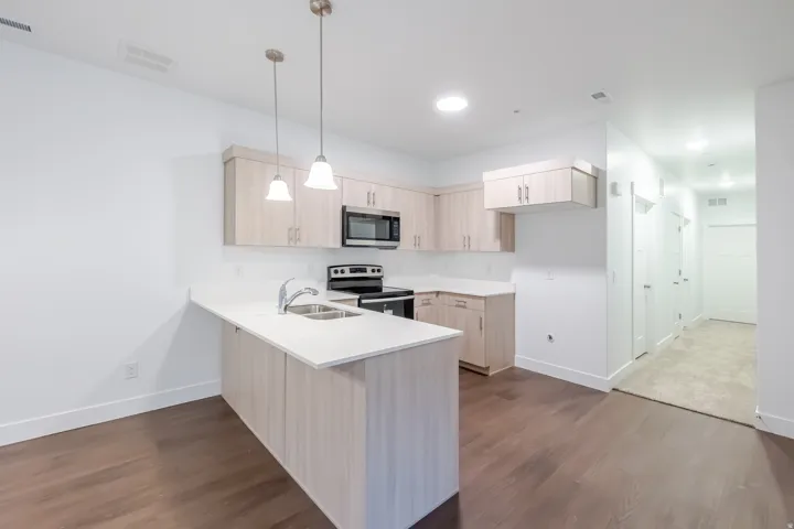 Kitchen featuring a peninsula with integrated sink, stainless steel appliances, pendant lighting, and wood-finish flooring