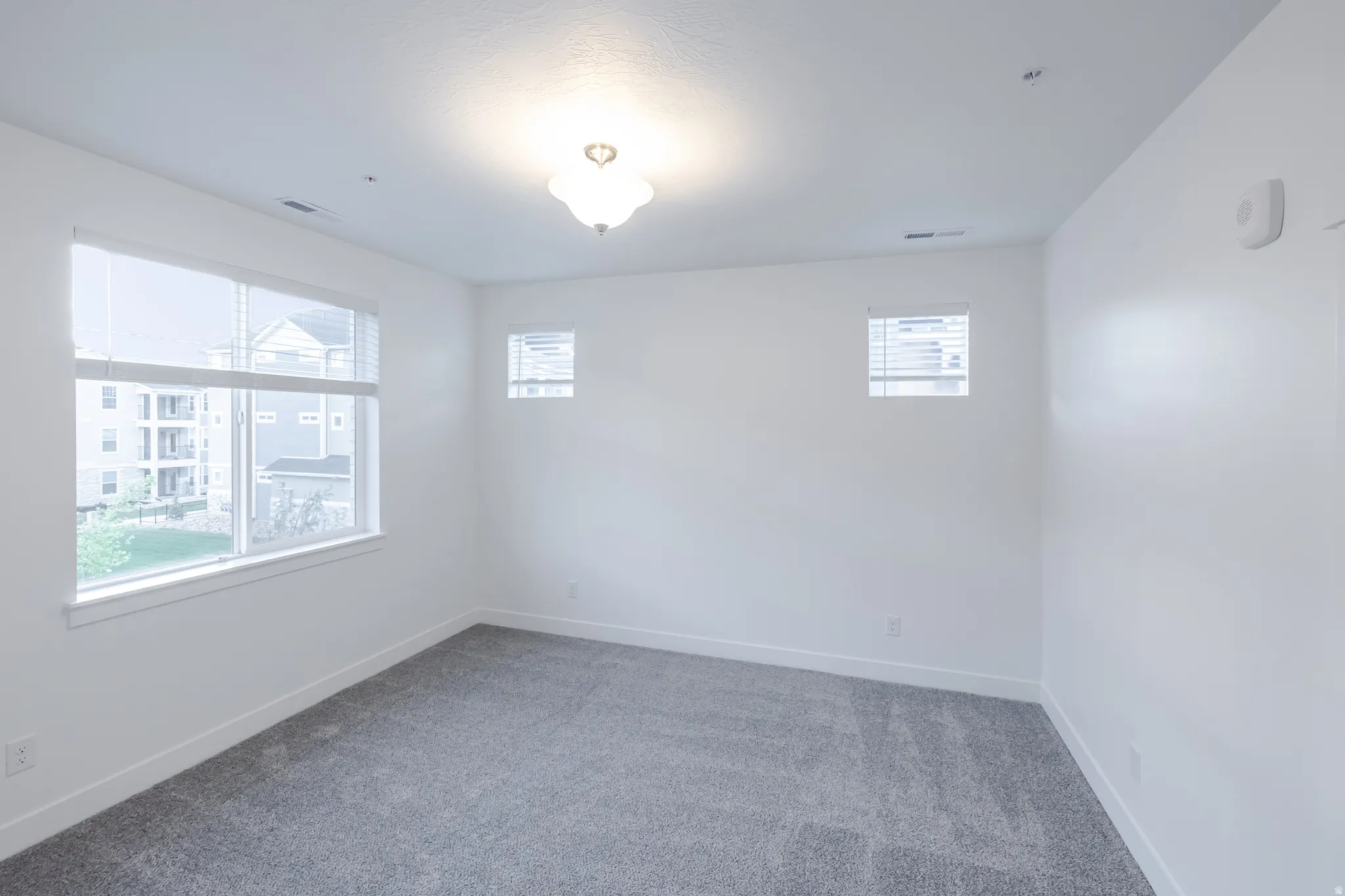 Neutral wall paint, gray carpet flooring, multiple windows with blinds, and an overhead flush mount light fixture