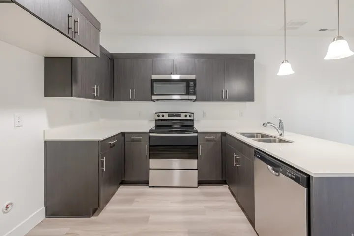Modern kitchen with wood-finish cabinetry, light countertops, stainless steel appliances, and pendant lighting