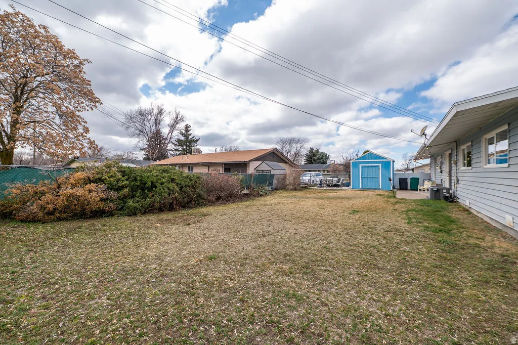 Fenced yard with a shed
