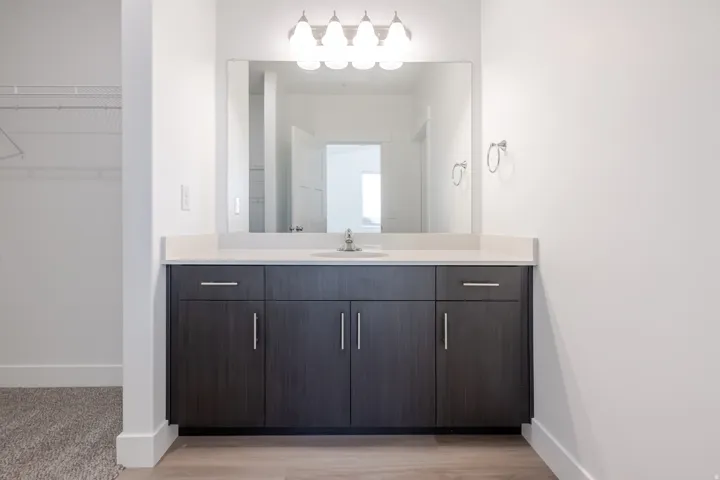 Vanity with a light-colored countertop, undermount sink, and dark wood-finish cabinetry