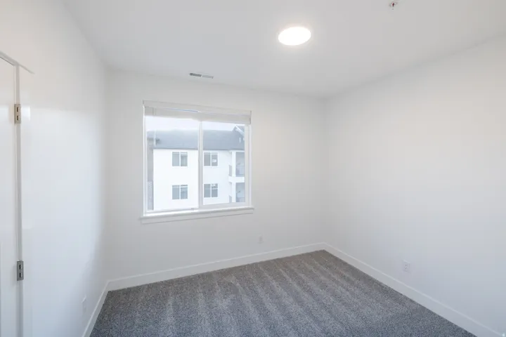 Neutral wall paint, gray carpet, single window, and a ceiling-mounted light fixture