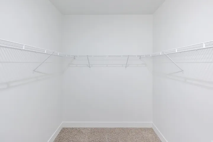White wire shelving system, light-colored carpet flooring, white walls, white trim