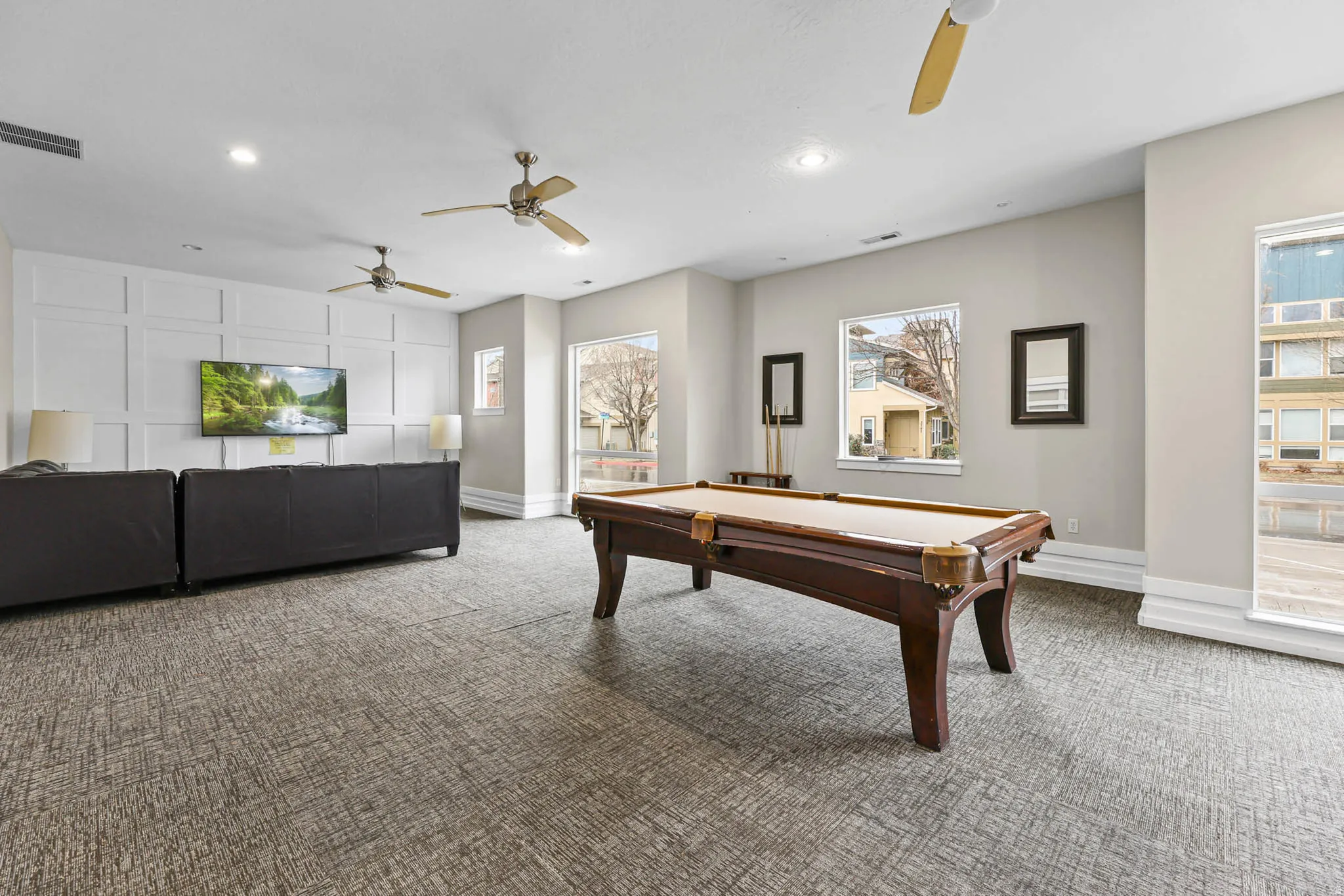 Playroom featuring pool table, ceiling fan, and recessed lighting